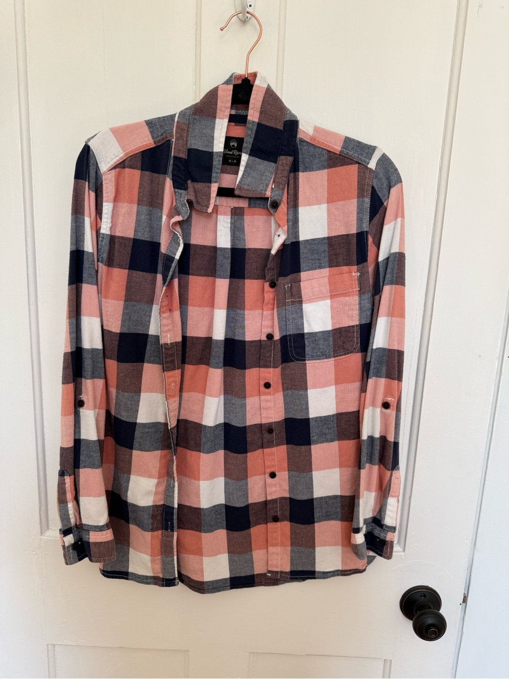 Womens Plaid Button-Up Shirt in Coral Navy White - Casual Flannel